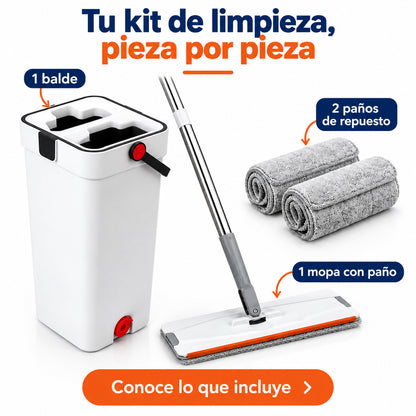 Mopa plana con balde de lavado y escurrido + 2 paños de repuesto — P2