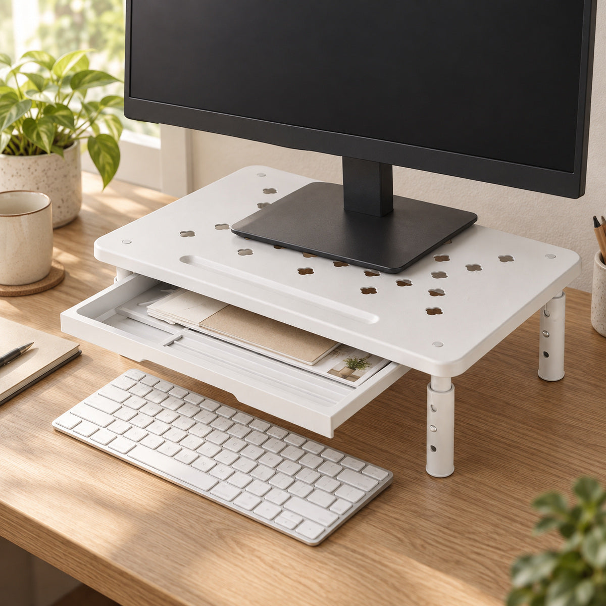 Soporte blanco para monitor con cajón — 1 unidad — P1